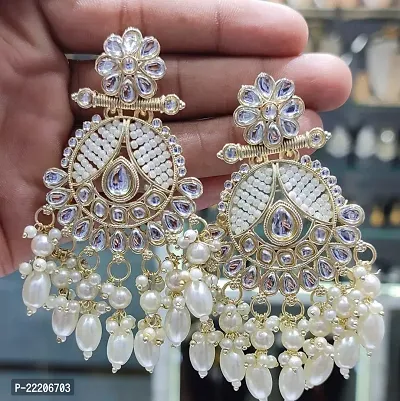 Gold Plated White Pearl Kundan  Earrings for Women-thumb0