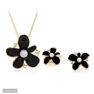 Zukhruf Flower Diamond Gold Plated Black Necklace for Women-thumb0