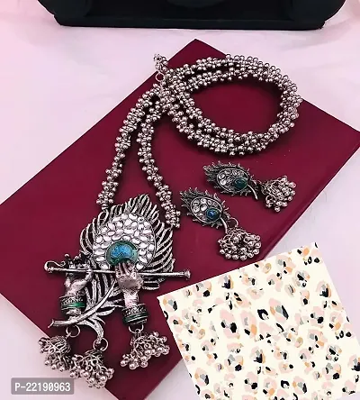Zukhruf Fashion Silver Oxidised Designer Jewellery Krishna Flute Necklace Set with Earrings for Women  Girls-thumb2