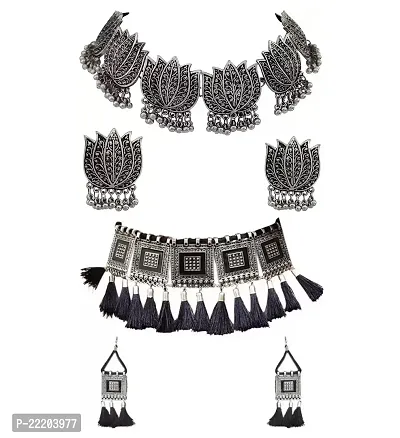 Zukhruf Oxidised Silver Lotus  Square Meena Choker Necklace Set for Girl  Women (Combo Pack)-thumb0