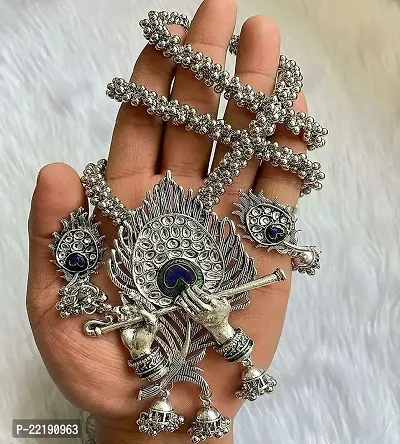 Zukhruf Fashion Silver Oxidised Designer Jewellery Krishna Flute Necklace Set with Earrings for Women  Girls-thumb5