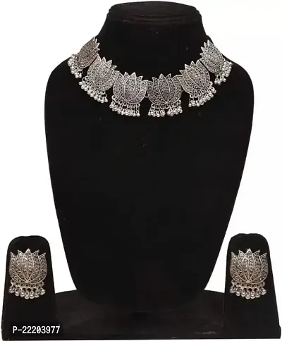 Zukhruf Oxidised Silver Lotus  Square Meena Choker Necklace Set for Girl  Women (Combo Pack)-thumb3