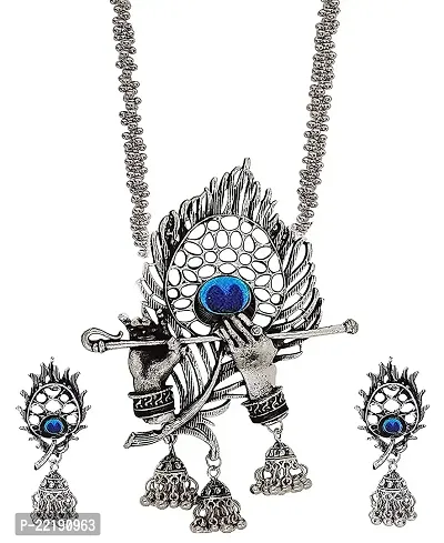 Zukhruf Fashion Silver Oxidised Designer Jewellery Krishna Flute Necklace Set with Earrings for Women  Girls-thumb3