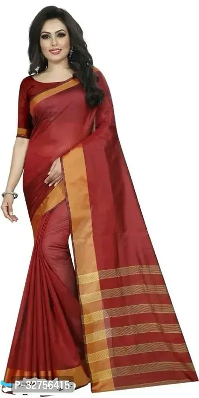 Stylish Cotton Blend Saree With Blouse Piece For Women-thumb0