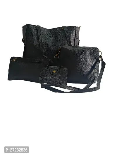 Pack of 4 stylish women's Black PU leather handbag shoulder bag with long strap ( Bucket Bag+ Sling Bag+ Ladies Purse+ Card Holder)-thumb0