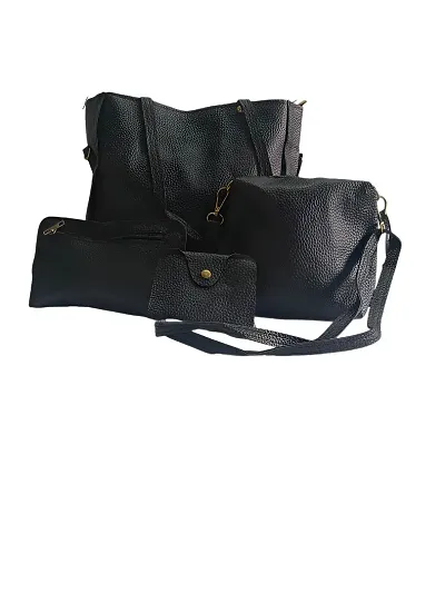 Pack of 4 stylish women's Black PU leather handbag shoulder bag with long strap ( Bucket Bag+ Sling Bag+ Ladies Purse+ Card Holder)
