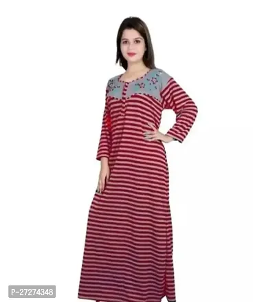 Comfortable Red Cotton Blend Striped Full Sleeve Nighty For Women