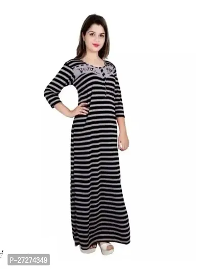 Comfortable Black Cotton Blend Striped Full Sleeve Nighty For Women-thumb0