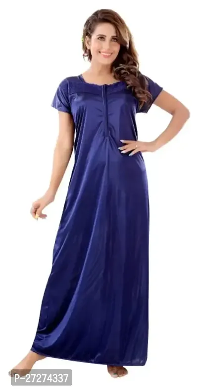 Comfortable Navy Blue Cotton Blend Solid Short Sleeve Nighty For Women