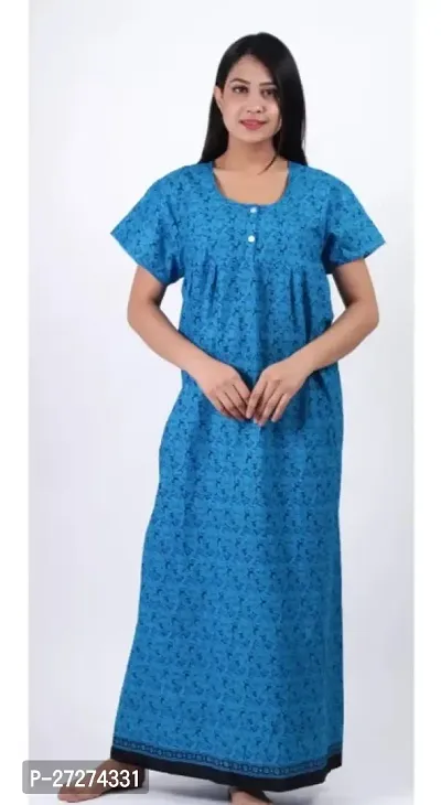 Comfortable Blue Cotton Blend Printed Short Sleeve Nighty For Women