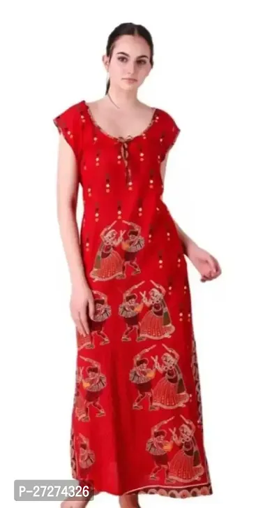 Comfortable Red Cotton Blend Printed Sleeveless Nighty For Women-thumb0