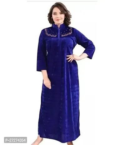 Comfortable Blue Cotton Blend Embroidered Full Sleeve Nighty For Women-thumb0