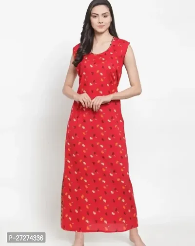 Comfortable Red Cotton Blend Printed Sleeveless Nighty For Women