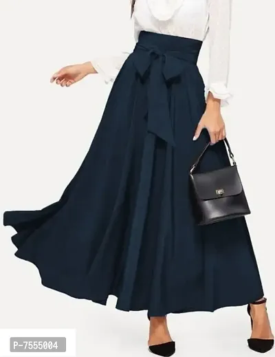 Elegant Navy Blue Crepe Solid Skirts For Women