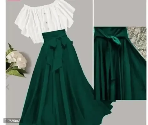 Elegant White Georgette Solid Tops with Green Skirt Set For Women
