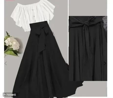 Elegant White Georgette Solid Tops with Black Skirt Set For Women