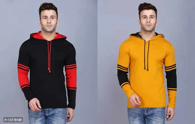 Reliable Cotton Blend Self Pattern Hooded Tees For Men- Pack Of 2