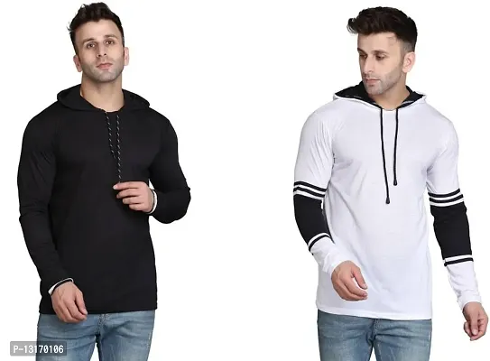 Reliable Cotton Blend Self Pattern Hooded Tees For Men- Pack Of 2