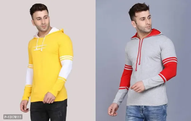 Reliable Cotton Blend Self Pattern Hooded Tees For Men- Pack Of 2