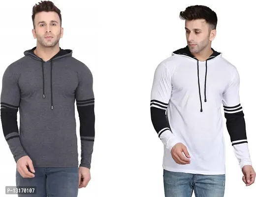 Reliable Cotton Blend Self Pattern Hooded Tees For Men- Pack Of 2