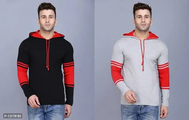 Reliable Cotton Blend Self Pattern Hooded Tees For Men- Pack Of 2