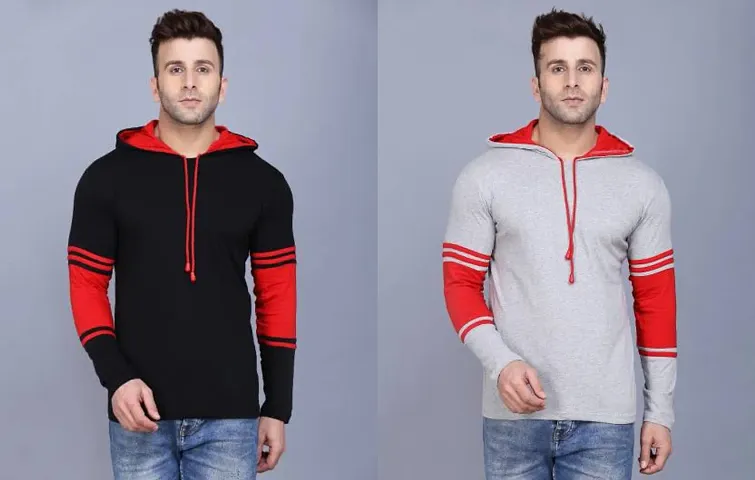 Reliable Blend Colourblocked Hooded Tees For Men Pack Of 2