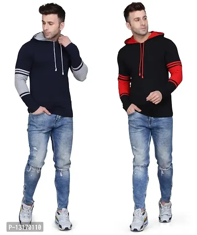 Reliable Cotton Blend Self Pattern Hooded Tees For Men- Pack Of 2-thumb3