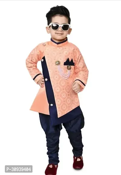 Elegant Peach Cotton Sherwani with Pajama Set For Boys-thumb0