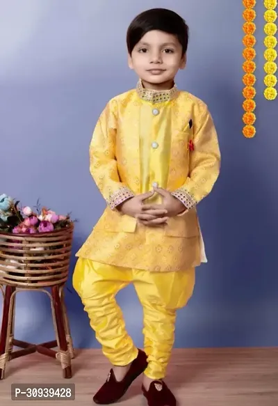 Elegant Yellow Cotton Sherwani with Pajama Set For Boys-thumb0