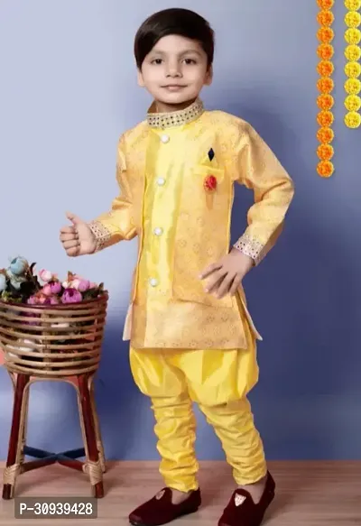 Elegant Yellow Cotton Sherwani with Pajama Set For Boys-thumb2