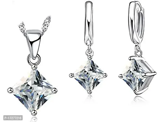 Mirage - White and Silver Square Crystal Stud Pendant Earrings Set | Elegant pendant set with chain and earrings