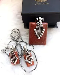 Mirage - Victorian style all colors stone with oxidize silver pendant earring set with chain | Elegant oxidize pendant set with chain and earrings Indian traditional jewelry set (BROWN)-thumb1