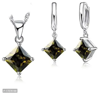 Mirage Green and Silver Metal Square Crystal Stud Pendant Earrings Set for Women