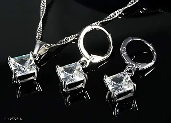 Mirage - White and Silver Square Crystal Stud Pendant Earrings Set | Elegant pendant set with chain and earrings-thumb2