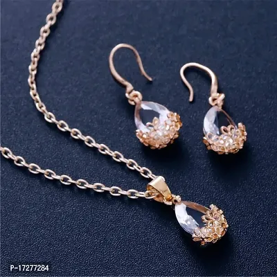 Mirage - Beautifully floral carved Water Drop Crystal pendant earring set with chain | diamond pendant earring set-thumb3