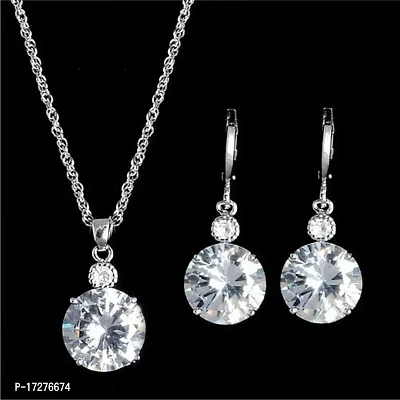 Mirage - Beautifully Silver Double diamond round Crystal pendant earring set with chain | diamond pendant earring set