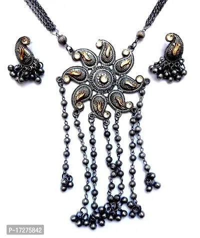 Mirage long oxidized chain with traditional round big pendent with beautiful handing's and earrings | oxidized jewelry set