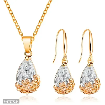 Mirage - Beautifully floral carved Water Drop Crystal pendant earring set with chain | diamond pendant earring set-thumb0