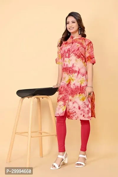 Stylish Red Printed Cotton Knee Length Kurta For Women-thumb0