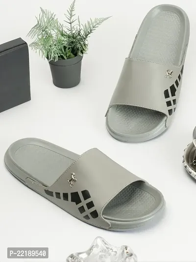 Stylish Grey Rexine Solid Sliders For Men