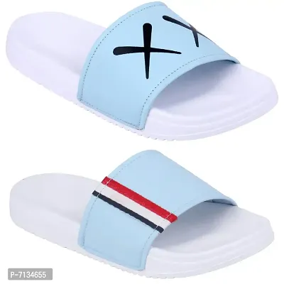 PERY-PAO Combo Mens Sliders Sky Blue , White , Grey , Black Flipflop  Slippers