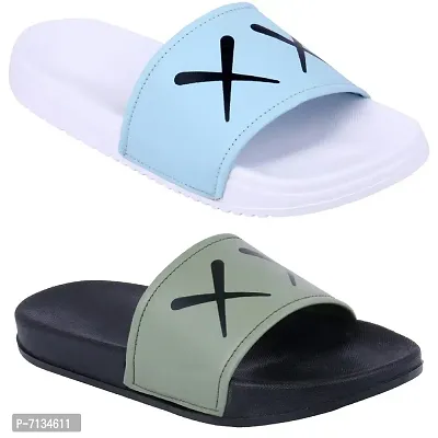 PERY-PAO Combo Mens Sliders Sky Blue , White , Green , Brown , Grey , Black Flipflop  Slippers-thumb0