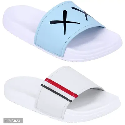 PERY-PAO Combo Mens Sliders Sky Blue , White , Grey , Black Flipflop  Slippers-thumb0