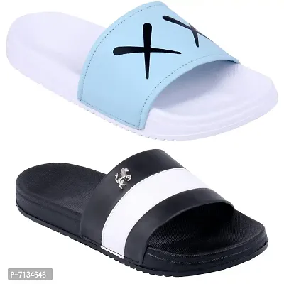 PERY-PAO Combo Mens Sliders Sky Blue , White , Grey , Black Flipflop  Slippers