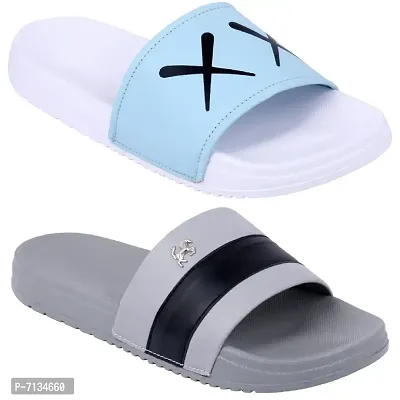 PERY-PAO Combo Mens Sliders Sky Blue , White , Grey , Black Flipflop  Slippers