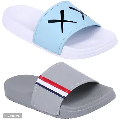 PERY-PAO Combo Mens Sliders Sky Blue , White , Grey , Black Flipflop  Slippers