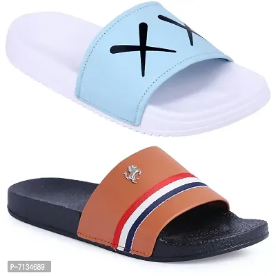 PERY-PAO Combo Mens Sliders Sky Blue , Brown, White, Red, Black, Grey Flipflop  Slippers