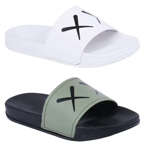 PERY-PAO Mens Combo Comfort Sliders White, Brown,Black, Grey, Sky Blue, Green Boys Flip-Flops