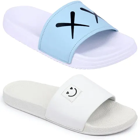 PERY-PAO Combo Mens Sliders Sky Blue , White , Red , Black Flipflop  Slippers