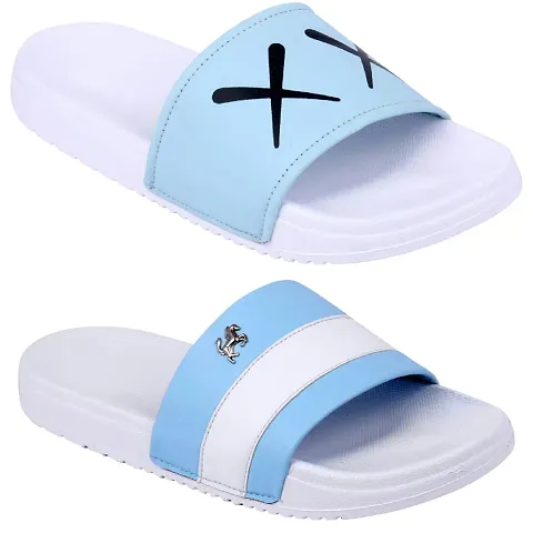 PERY-PAO Combo Mens Sliders Sky Blue , White , Grey , Black Flipflop  Slippers